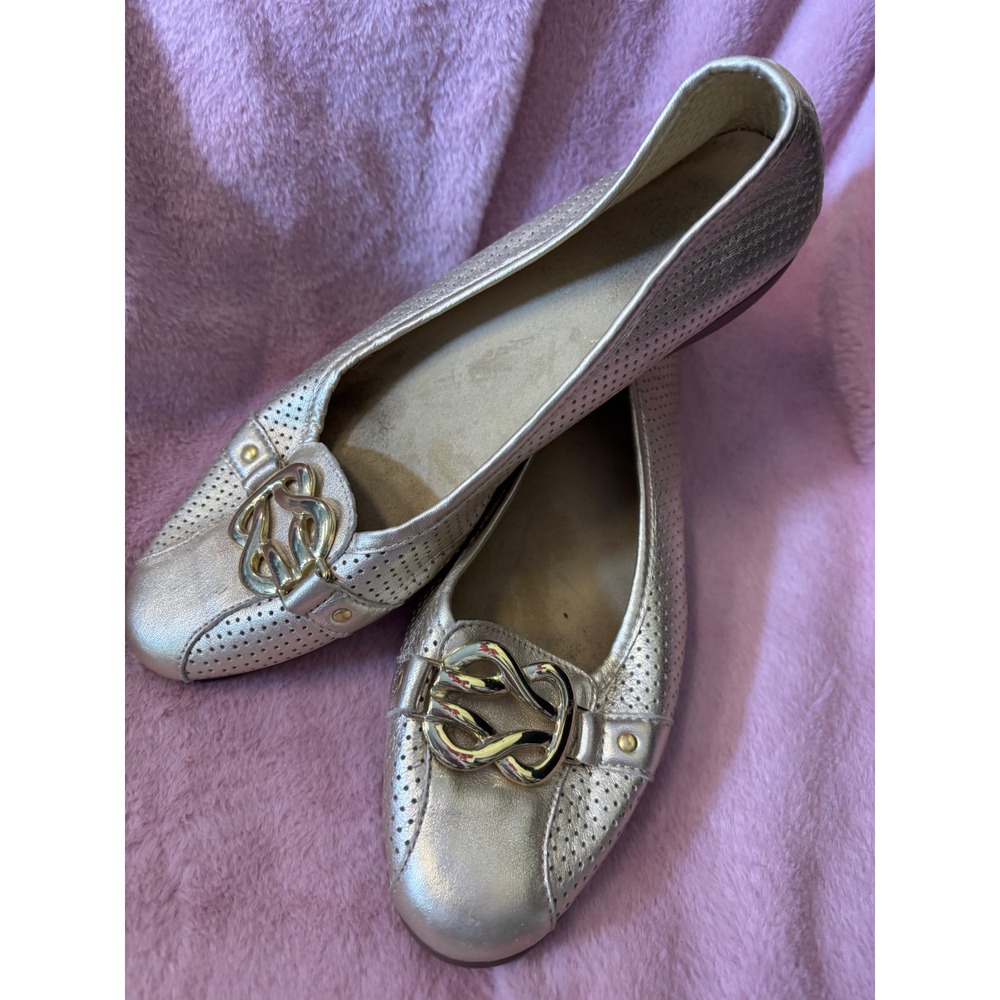 Aerosoles Gold Metallic Perforated Ballet Flats Buckle Detail Womens Size 10
